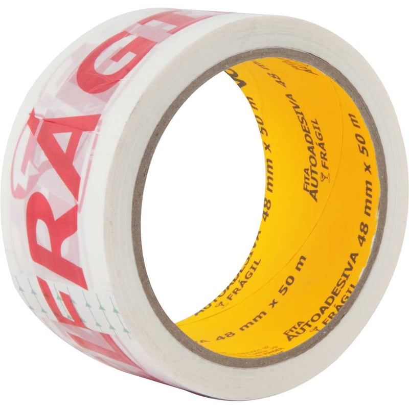 Fita adesiva 48 mm x 50 m, base impressa com a advertência FRÁGIL