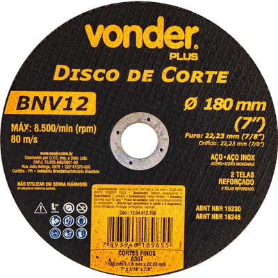 Disco de corte 180 mm x 1,6 mm x 22,23 mm BNV12 , VONDER PLUS