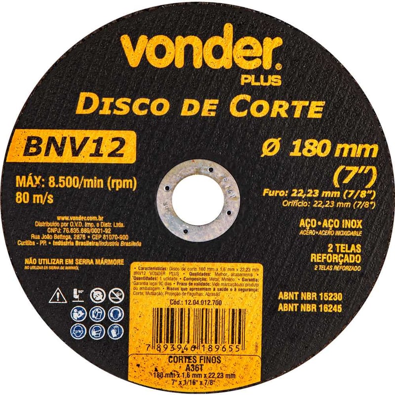 Disco de corte 180 mm x 1,6 mm x 22,23 mm BNV12 , VONDER PLUS