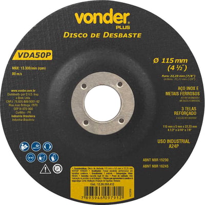 Disco de desbaste 115,0 mm x 5,0 mm x 22,23 mm, VDA 50P, VONDER PLUS