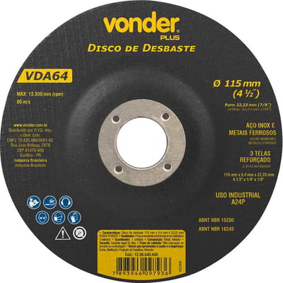 Disco de desbaste 115,0 mm x 6,4 mm x 22,23 mm, VDA 64, VONDER PLUS