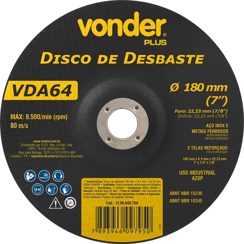 Disco de desbaste 180,0 mm x 6,4 mm x 22,23 mm, VDA 64, VONDER PLUS