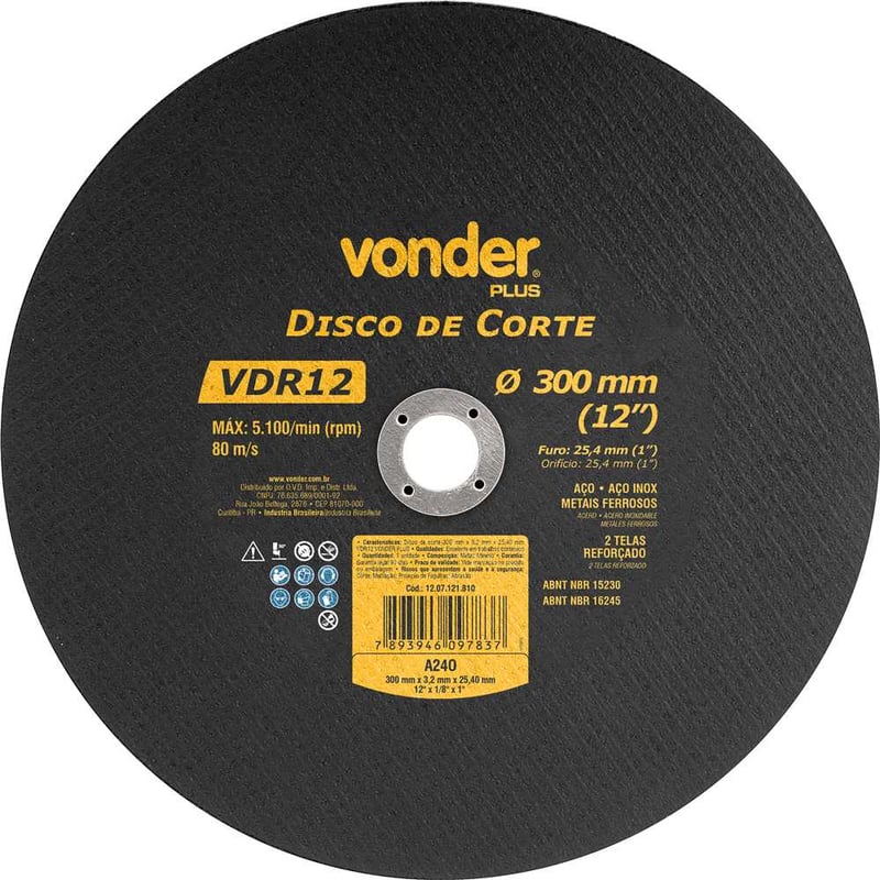 Disco de corte 300 mm x 3,2 mm x 25,40 mm VDR12, VONDER PLUS