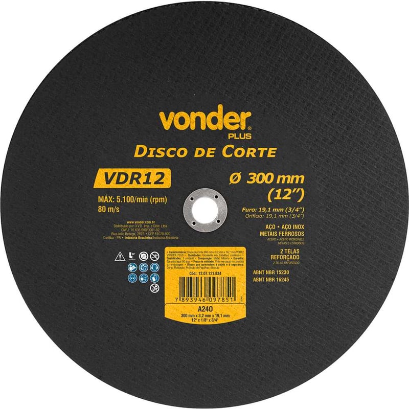 Disco de corte 300 mm x 3,2 mm x 19,10 mm VDR12, VONDER PLUS