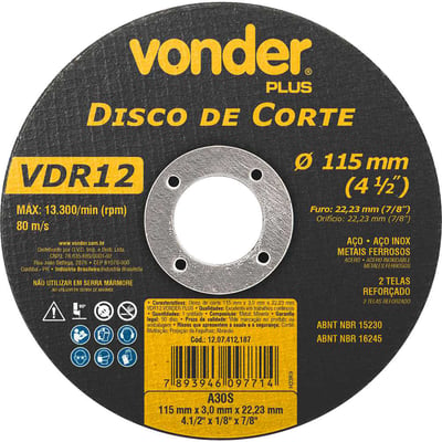Disco de corte 115 mm x 3 mm x 22,23 mm VDR12 VONDER PLUS