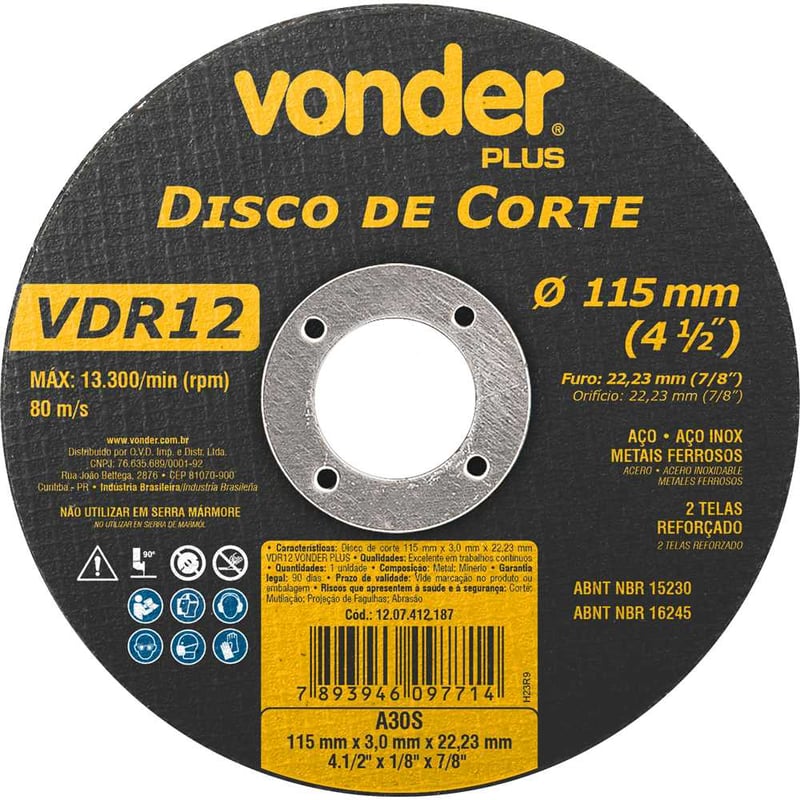 Disco de corte 115 mm x 3 mm x 22,23 mm VDR12 VONDER PLUS