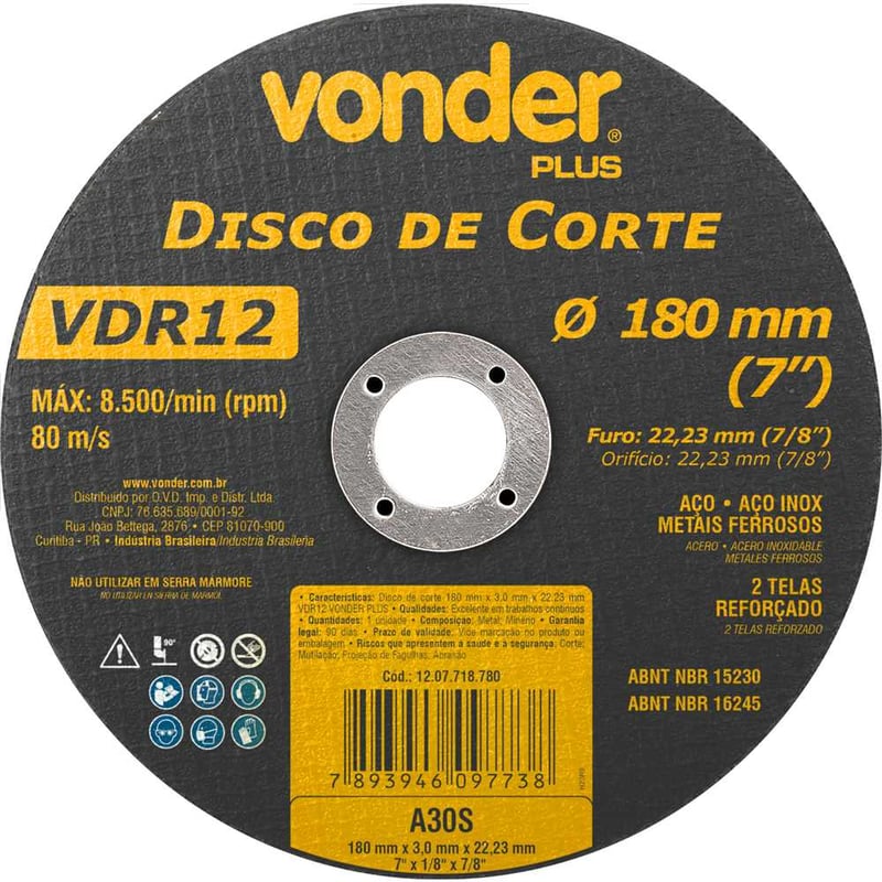 Disco de corte 180 mm x 3 mm x 22,23 mm VDR12, VONDER PLUS