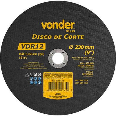 Disco de corte 230 mm x 3 mm x 22,23 mm VDR12, VONDER PLUS