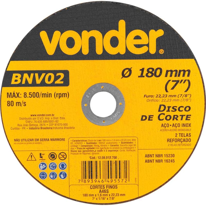 Disco de corte 180 mm x 1,6 mm x 22,23 mm