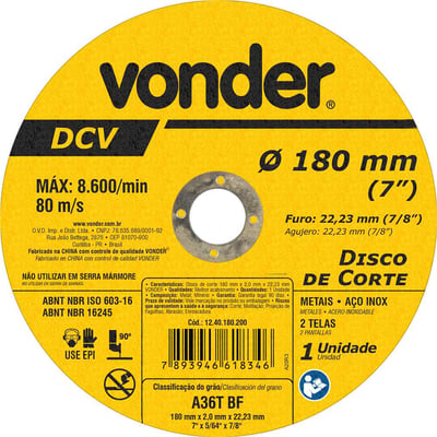 Disco de corte 180 mm x 2 mm x 22,23 mm DVC