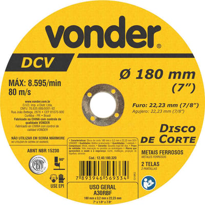 Disco de corte 180 mm x 3,2 mm x 22,23 mm