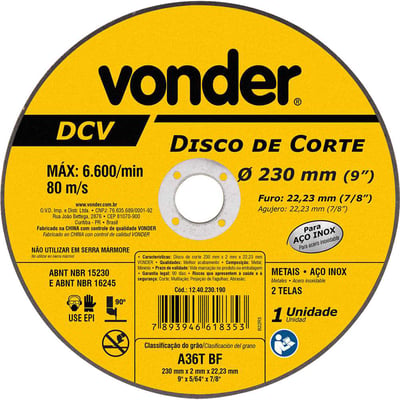 Disco de corte 230 mm x 2 mm x 22,23 mm