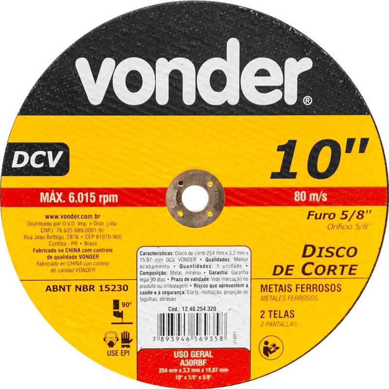 Disco de corte 254 mm x 3,2 mm x 15,87 mm