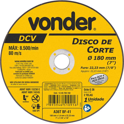 Disco de corte 180 mm x 1,6 mm x 22,23 mm