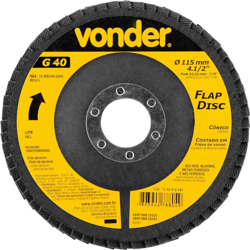 Flap-disc, disco de desbaste/acabamento, 4.1/2" - 115 mm, cônico, grão 40