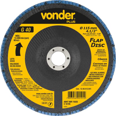 Flap-disc, disco de desbaste/acabamento, 4.1/2" - 115 mm, cônico, grão 40, VONDER PLUS