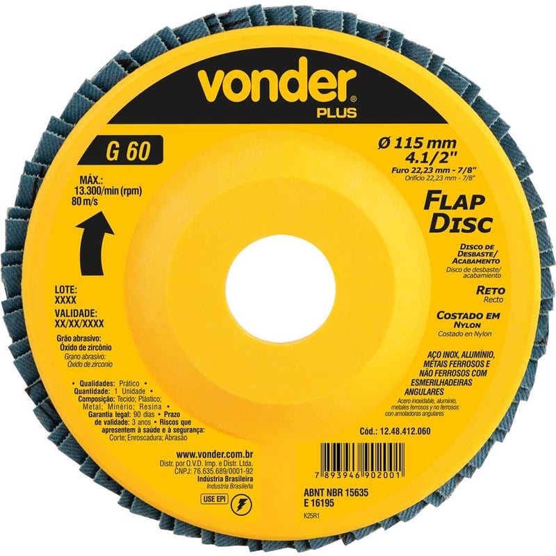 Flap-disc, disco de desbaste/acabamento, 4.1/2" - 115 mm, reto, grão 60, VONDER PLUS