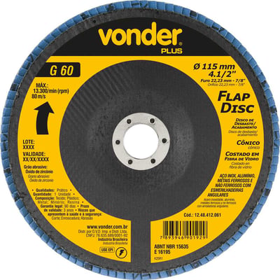 Flap-disc, disco de desbaste/acabamento, 4.1/2" - 115 mm, cônico, grão 60, VONDER PLUS