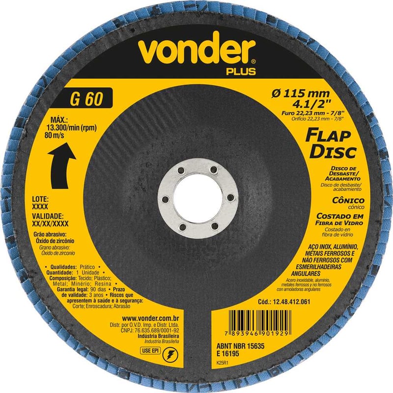 Flap-disc, disco de desbaste/acabamento, 4.1/2" - 115 mm, cônico, grão 60, VONDER PLUS