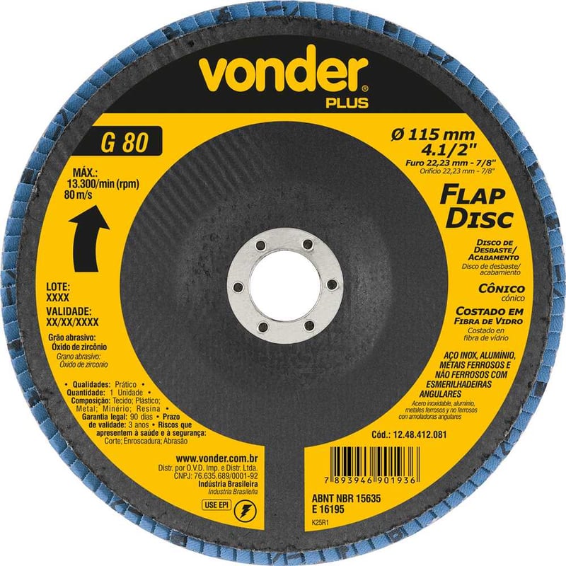 Flap-disc, disco de desbaste/acabamento, 4.1/2" - 115 mm, cônico, grão 80, VONDER PLUS