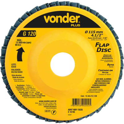 Flap-disc, disco de desbaste/acabamento, 4.1/2" - 115 mm, reto, grão 120, VONDER PLUS