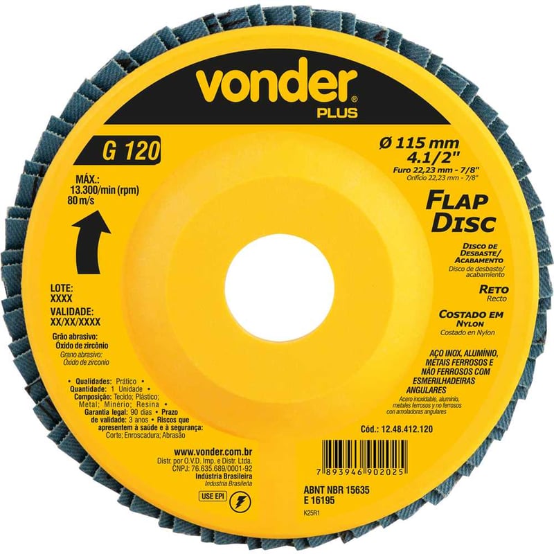 Flap-disc, disco de desbaste/acabamento, 4.1/2" - 115 mm, reto, grão 120, VONDER PLUS