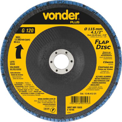 Flap-disc, disco de desbaste/acabamento, 4.1/2" - 115 mm, cônico, grão 120, VONDER PLUS