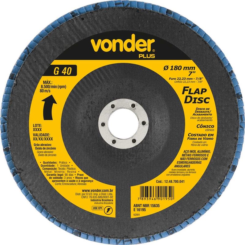 Flap-disc, disco de desbaste/acabamento, 7" - 180 mm, cônico, grão 40, VONDER PLUS