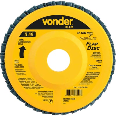 Flap-disc, disco de desbaste/acabamento, 7" - 180 mm, reto, grão 60, VONDER PLUS