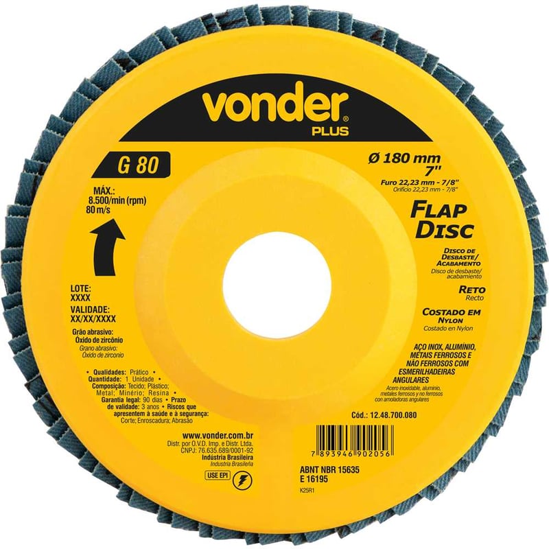 Flap-disc, disco de desbaste/acabamento, 7" - 180 mm, reto, grão 80, VONDER PLUS
