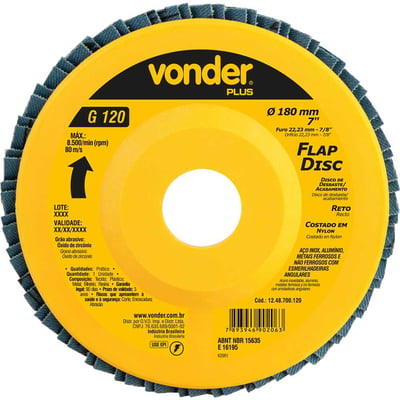 Flap-disc, disco de desbaste/acabamento, 7" - 180 mm, reto, grão 120, VONDER PLUS