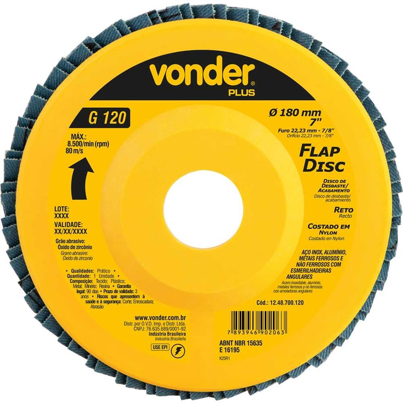 Flap-disc, disco de desbaste/acabamento, 7" - 180 mm, reto, grão 120, VONDER PLUS