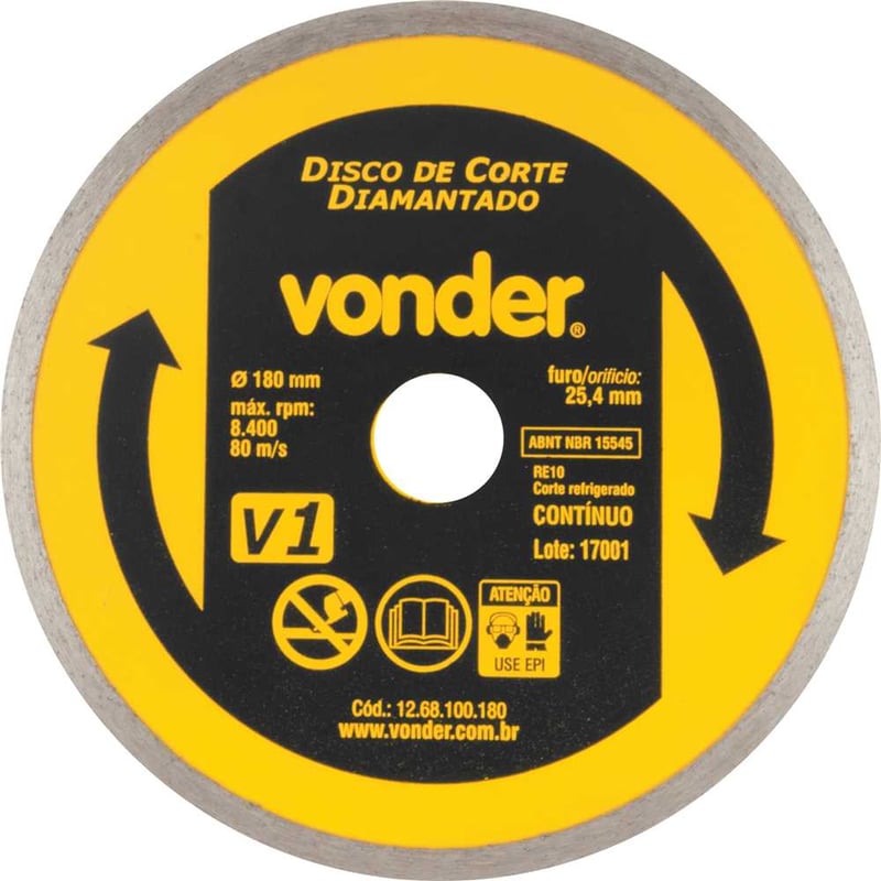 Disco de corte diamantado, 180 mm x 25,4 mm, contínuo