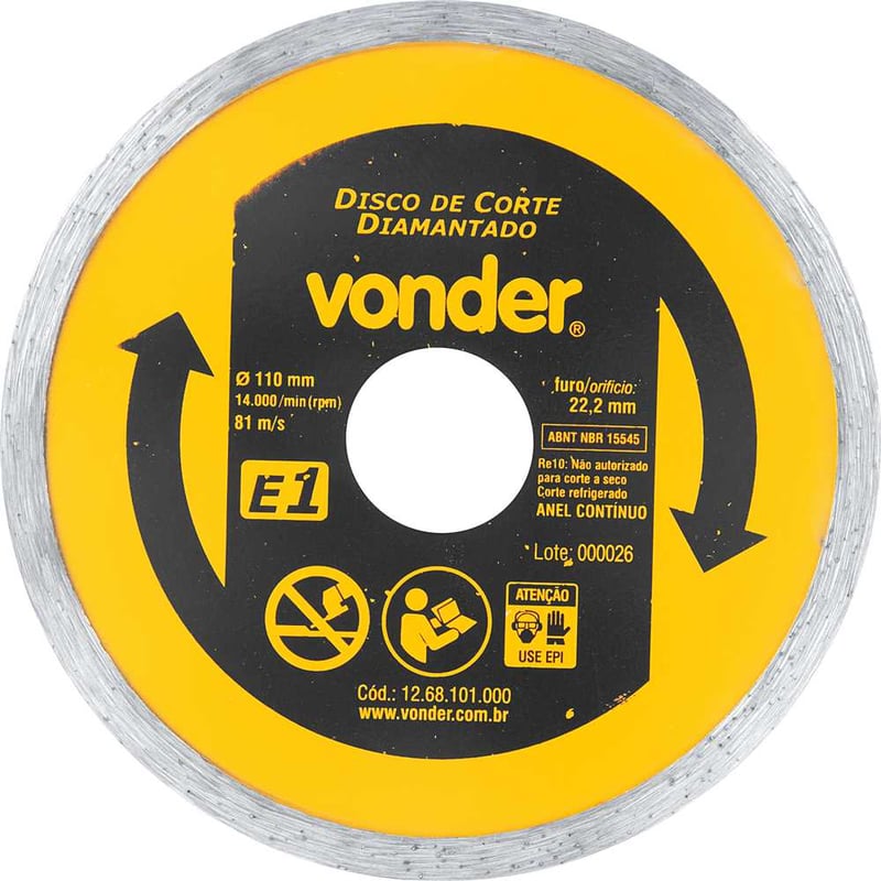 Disco de corte diamantado, 110 mm x 22,2 mm, anel contínuo