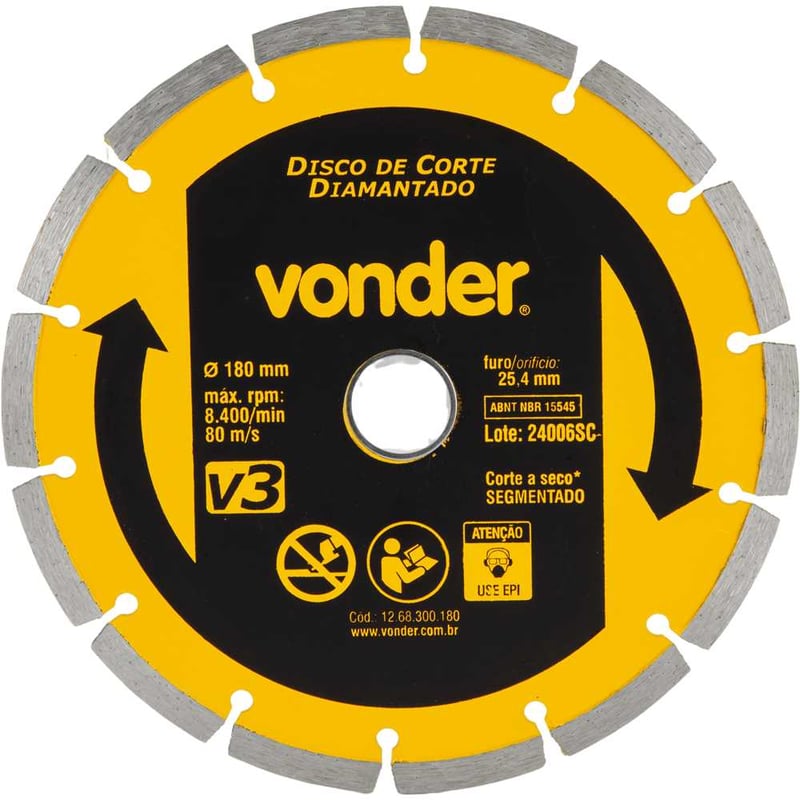 Disco de corte diamantado, 180 mm x 25,4 mm, segmentado