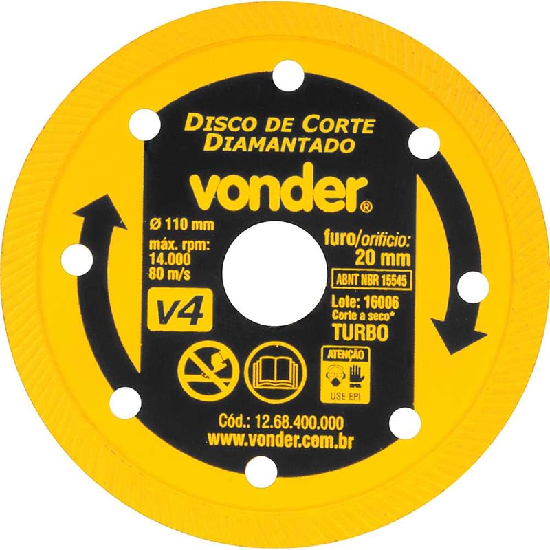 Disco de corte diamantado, 110 mm x 20 mm, turbo