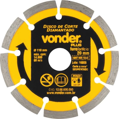 Disco de corte diamantado, 110 mm x 20 mm, segmentado, VONDER PLUS