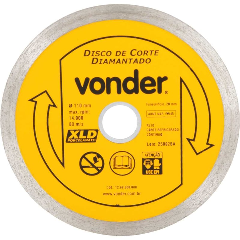Disco de corte diamantado, 110 mm x 20 mm, contínuo, para porcelanato