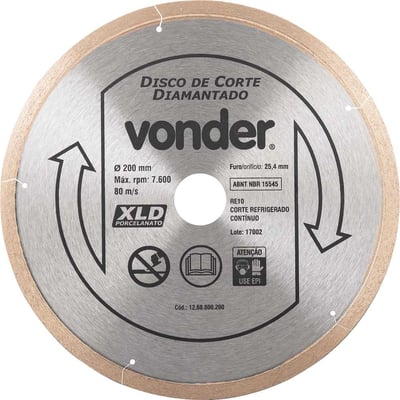 Disco de corte diamantado, 200 mm x 25,4 mm, contínuo, para porcelanato