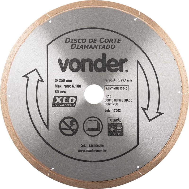 Disco de corte diamantado, 250 mm x 25,4 mm, contínuo, para porcelanato