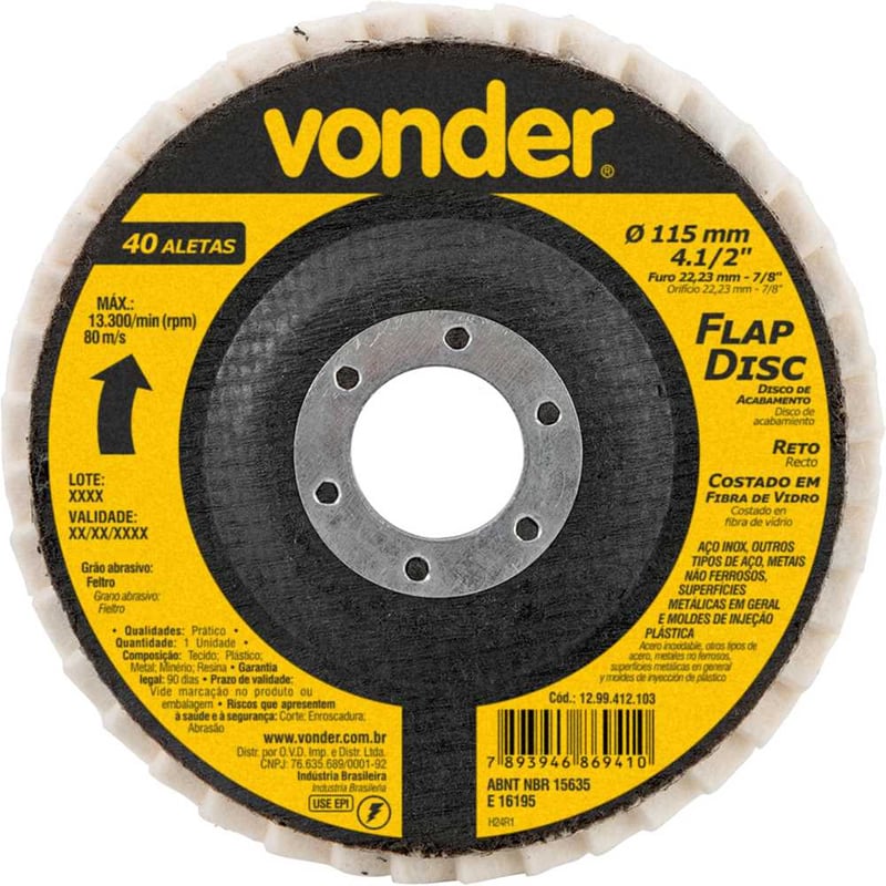 Flap-disc, disco de acabamento, 4.1/2" - 115 mm, reto, feltro, leve (24 aletas)
