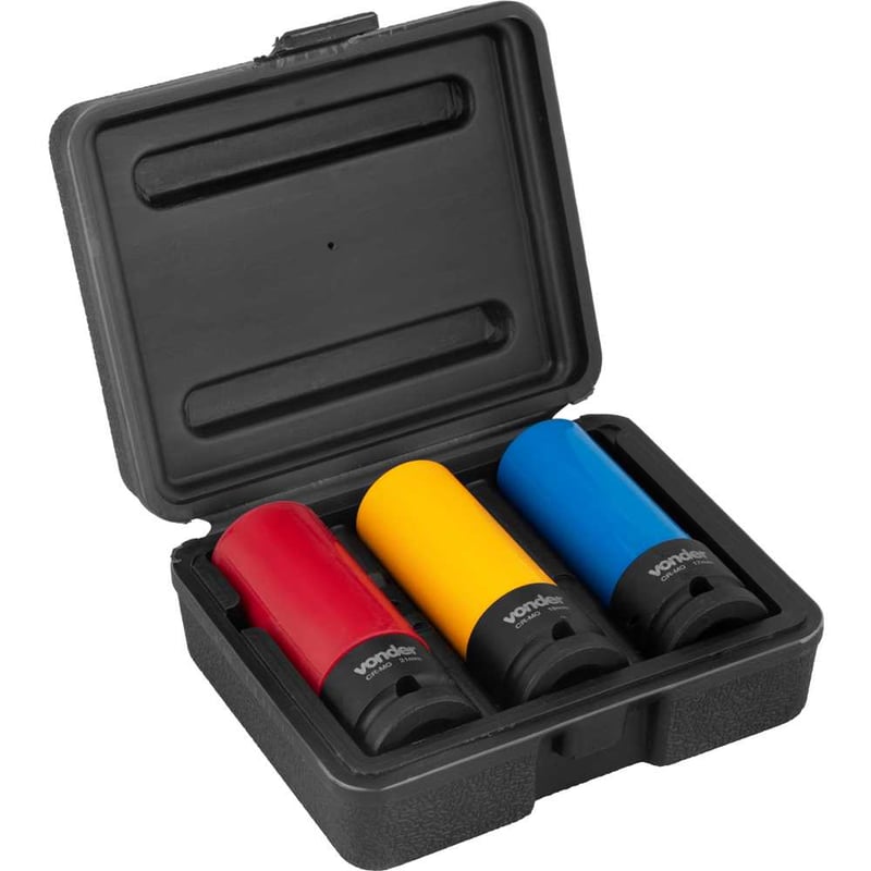 Jogo de soquetes de impacto, longo, para rodas de liga leve, com 3 peças