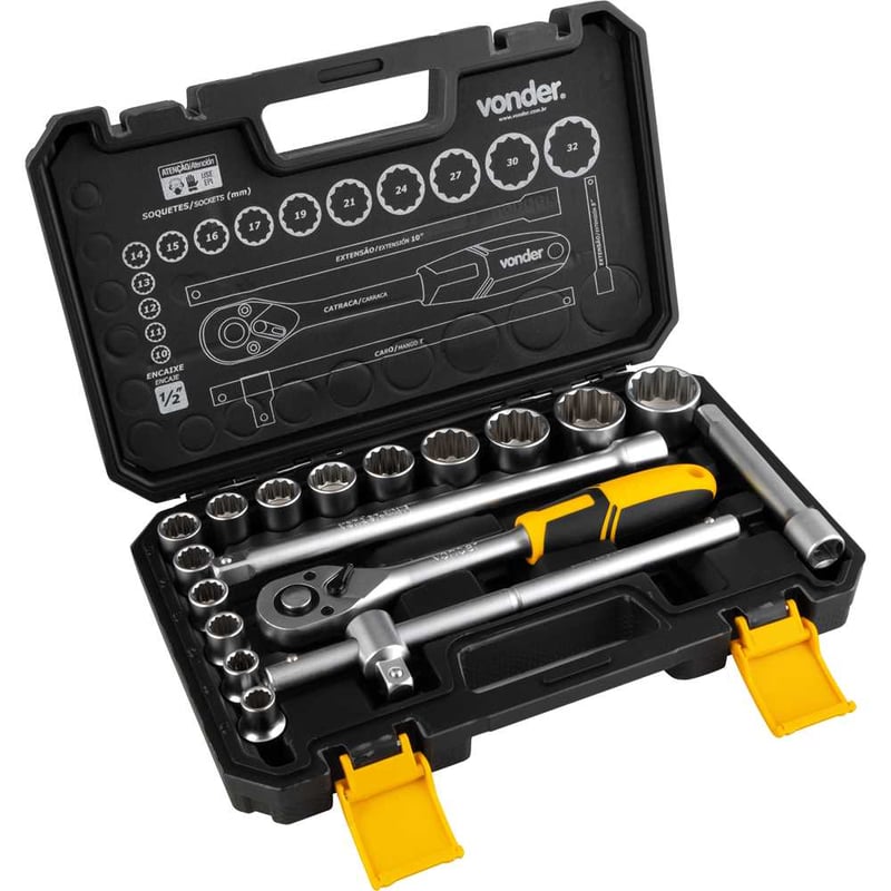 Jogo de soquetes estriados, encaixe 1/2", 10 mm a 32 mm, com 18 peças