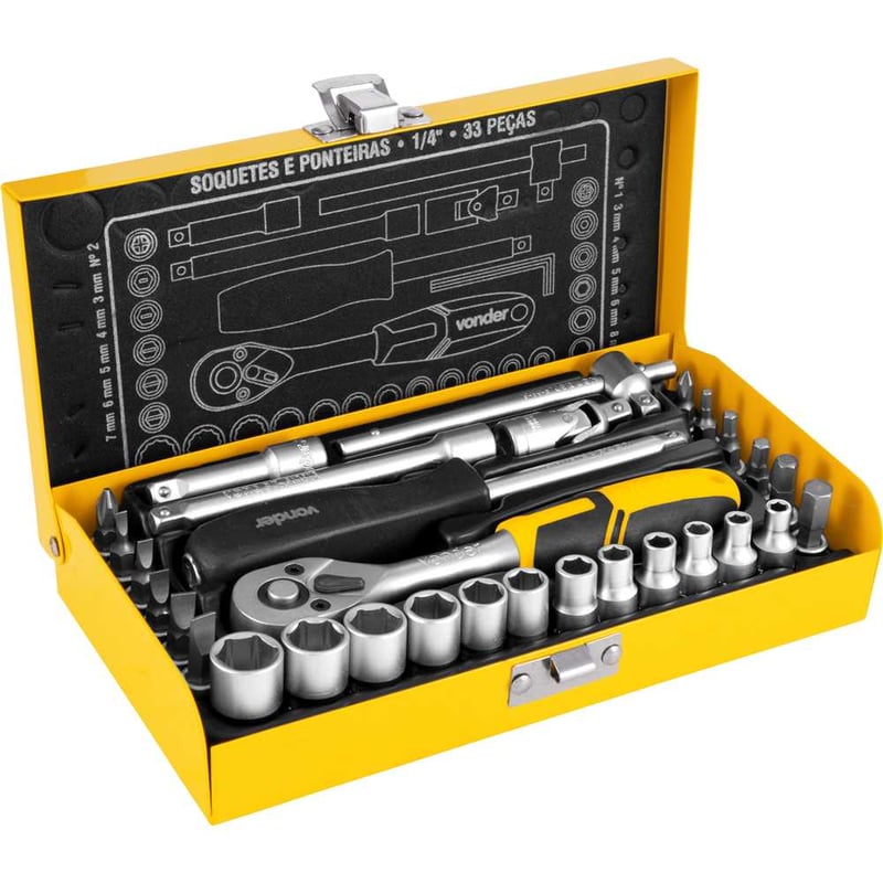 Jogo de soquetes e ponteiras com encaixe de 1/4", 4 mm a 13 mm, com catraca, 33 peças