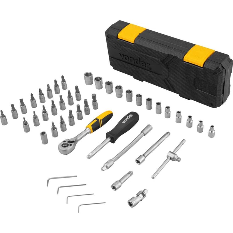 Jogo de soquetes e ponteiras com encaixe de 1/4", 4 mm a 14 mm, com catraca, 46 peças