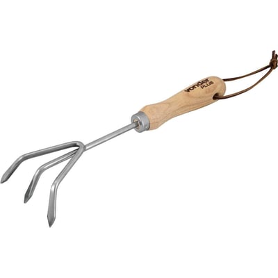 Ancinho para jardim em aço inox, com 3 dentes, cabo em madeira, VONDER PLUS