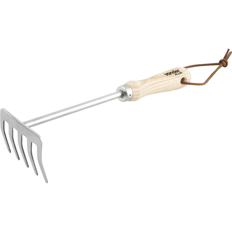 Ancinho para jardim em aço inox, com 5 dentes, cabo em madeira, VONDER PLUS