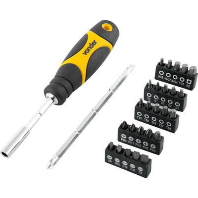 Jogo de bits/ponteiras, com 28 peças, encaixe sextavado de 1/4"