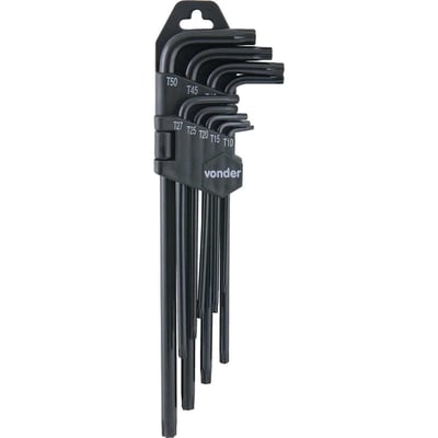 Jogo de chaves hexalobular longas, T10 a T50, com 9 peças