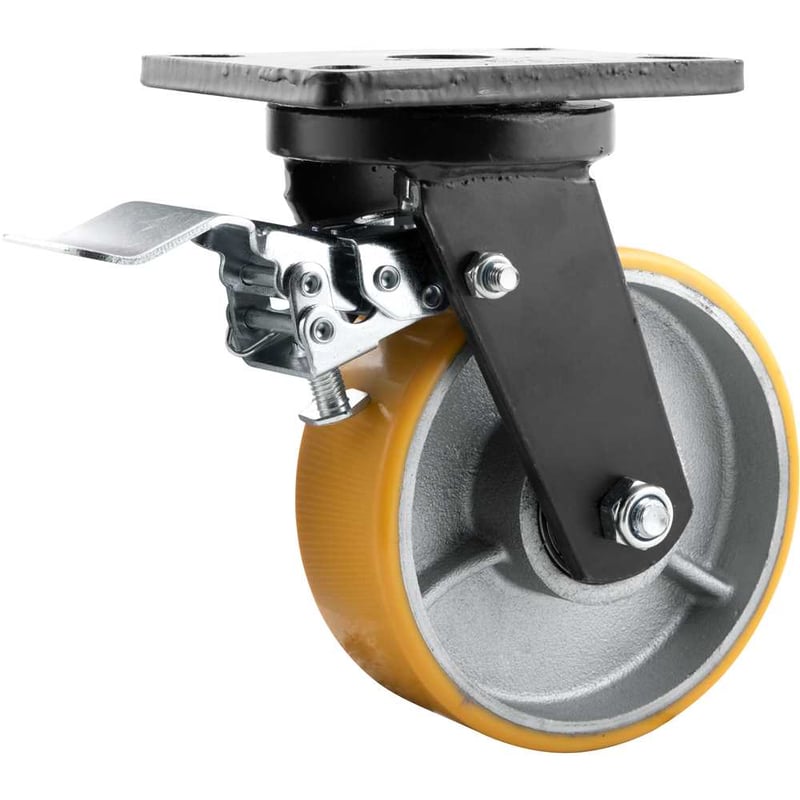Rodízio giratório industrial 6", de poliuretano e ferro fundido, com freio